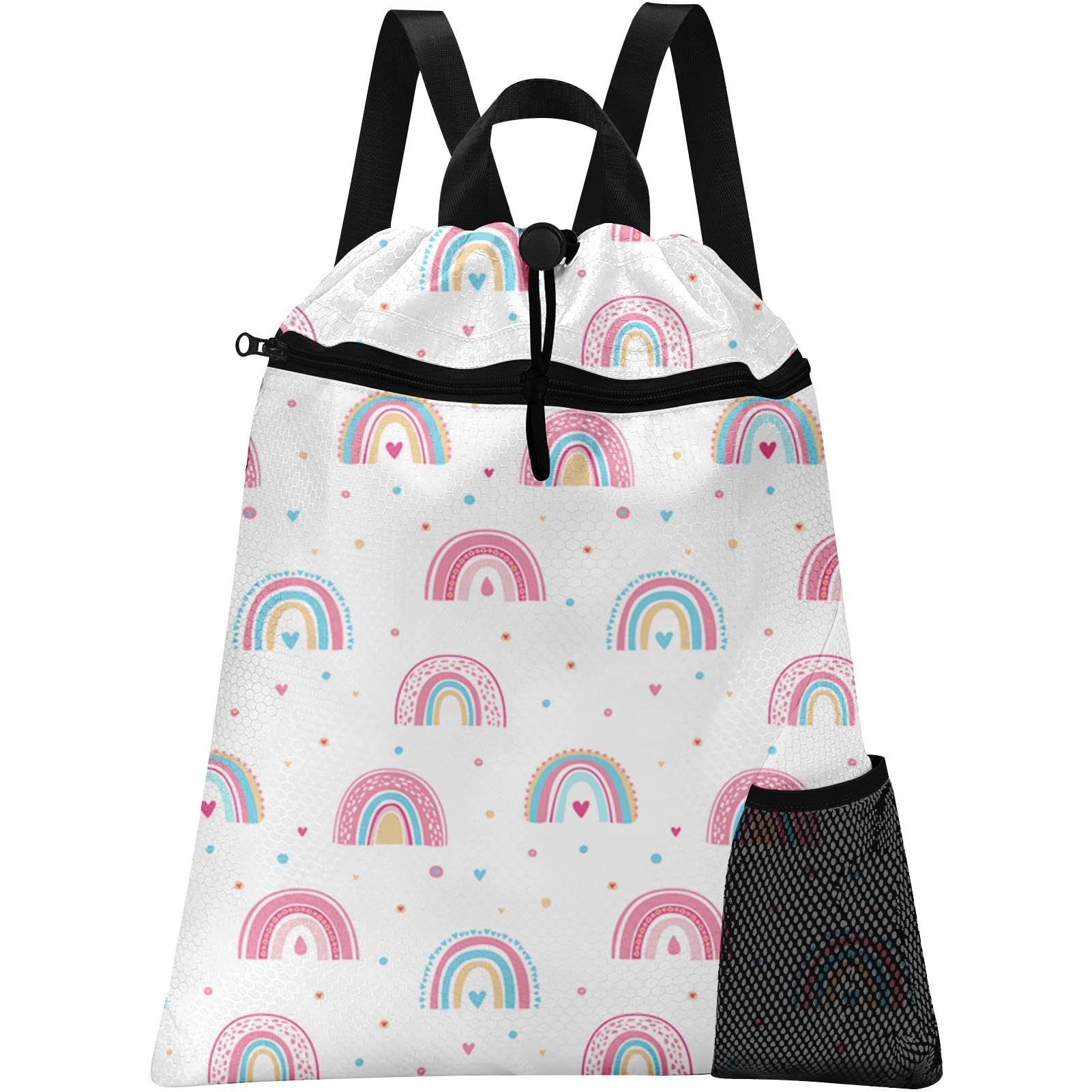 Britown Rainbow Drawstring Backpack, 15” x 17” Waterproof Swim Bag for Beach Swimming Pool, Lightweight Foldable Gym Bag with Water Bottle Holder for