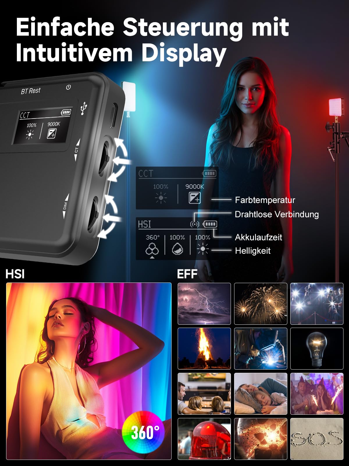 Rollei LUX Compact RGB Kamera Licht, Led Dauerlicht mit 360 Farben und 13 Lichteffekten, Kompackte LED Fotolicht 125g 98 CRI/TLCI mit Integrierter Akku, Fotolicht-Dauerlicht-Fotografie-Kamera-Licht