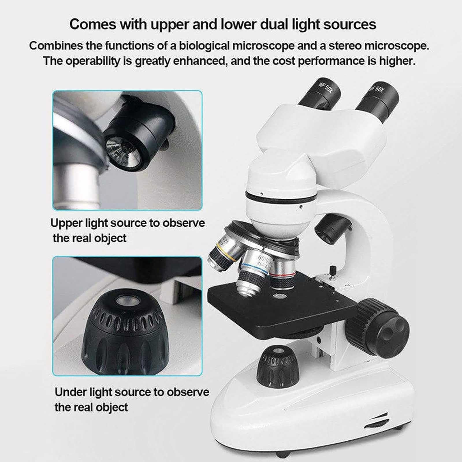 Microscopio Biologico Binoculare - Microscopio Professionale per Ricerca con Doppia Illuminazione A LED, Microscopio Ottico HD con 10 Campioni - Ottimo per Studenti E Adulti, 50000x