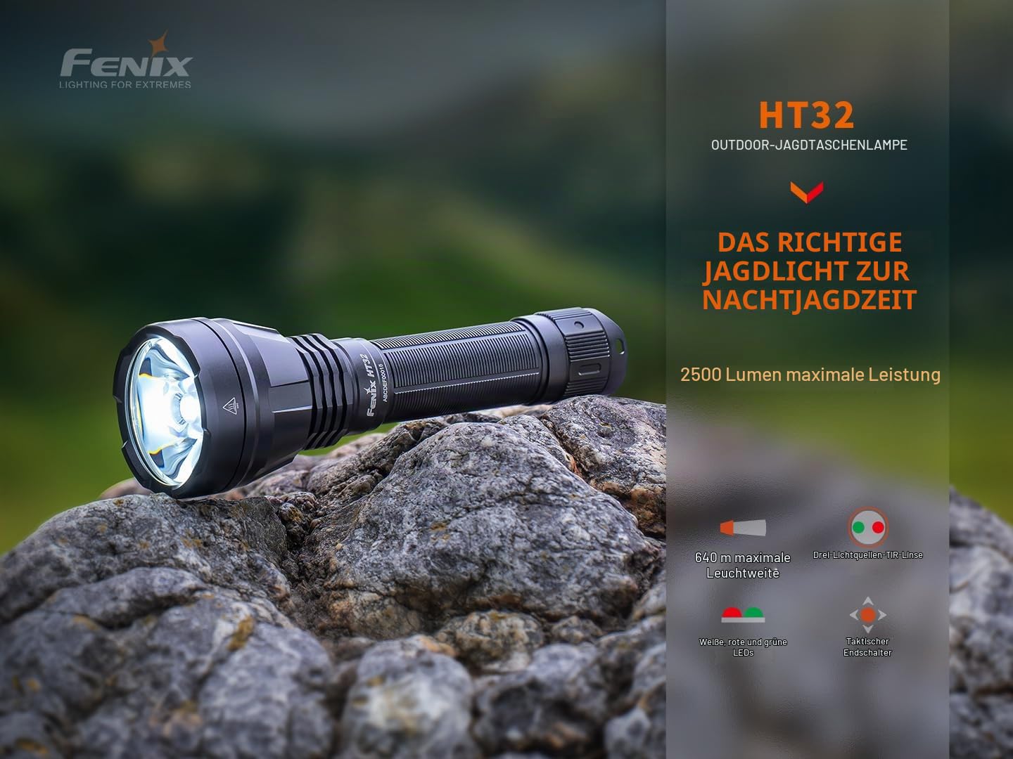 FENIX HT32 LED Jagd Taschenlampe mit max. 2.500 Lumen Weißlicht, 400 Lumen Rotlicht, 1.400 Lumen Grünlicht mit 5.000mAh Akku + USB-C Ladekabel