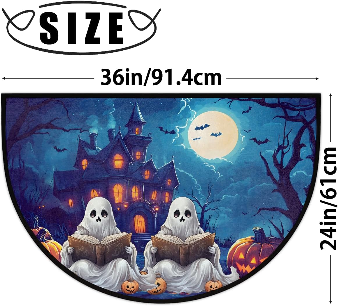 Halloween Night Moon Ghost Half Round Door Mat Non Slip Washable Semi Circle Area Rug Absorbent Soft Half Moon Rug Floor Mat for Indoor Outdoor Kitchen Bathroom Patio Front Door Mat Decor