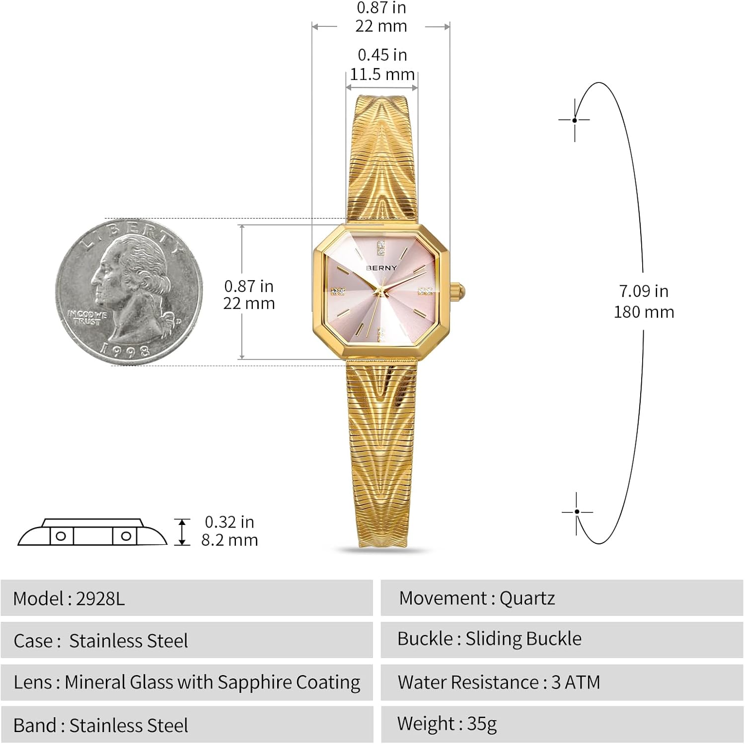 BERNY Vintage Gold Watches for Women, Octagonal Dainty Women's Wrist Watch, Ladies Analog Quartz Watches for Small Wrists, Waterproof All Stainless Steel Sunray Dial Luxury Birthday Present - Image 6