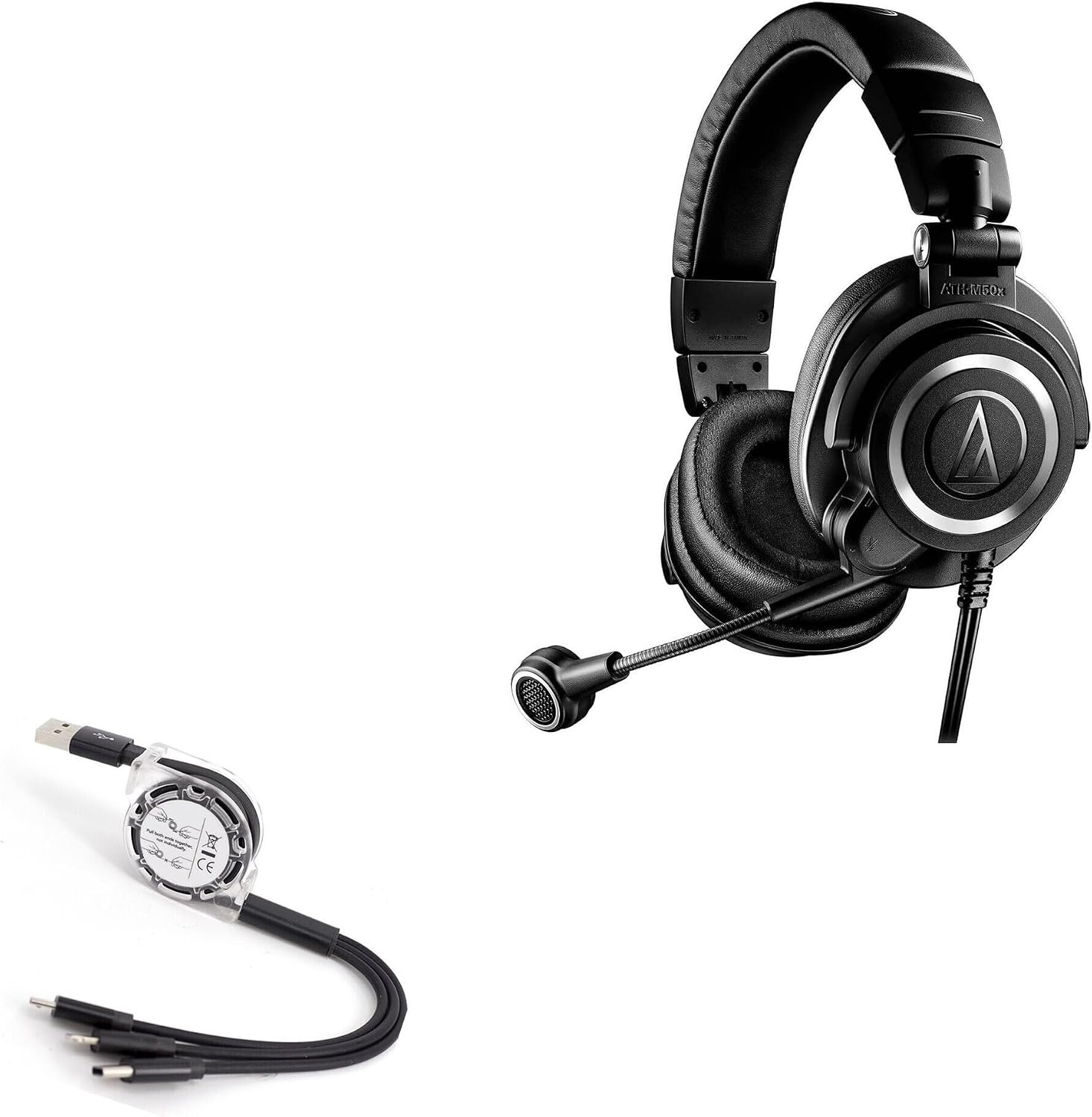BoxWave Cable Compatible with Audio-Technica M50xSTS-USB - AllCharge miniSync, Retractable, Portable USB Cable - Jet Black