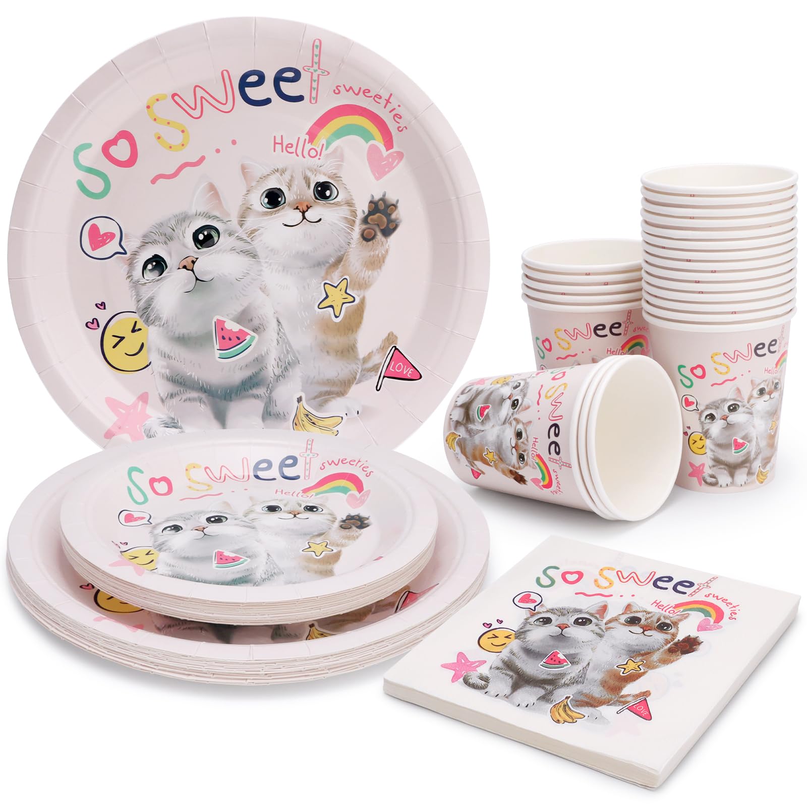 PARTY GO 80Pcs Pink So Sweat Cat Party Tableware Set, Paper Plates Cups and Napkins for Wedding Birthday Afternoon Tea Party Table Decor Serve 20 Guests