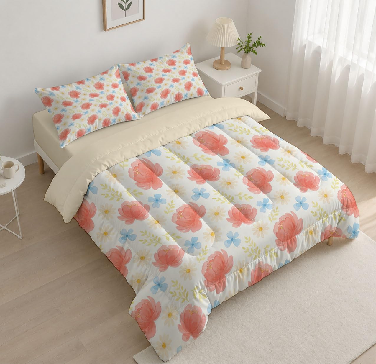 Trapunta Romantico Motivo Floreale Ad Acquerello, Piumino Singolo 4 Stagioni | 140X200 Cm Con Federa 50X80, Piumone Leggero In Microfibra, Trapunta Reversibile Piante Rurali, Persia