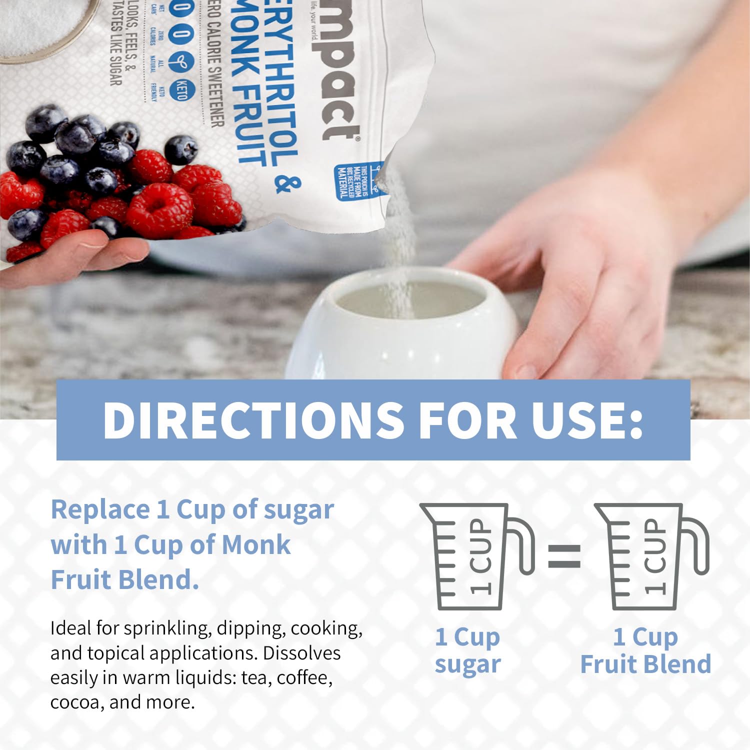 Impact White Monk Fruit & Erythritol Sweetener Blend - Gluten Free, Zero Calories, Net Carbs, Keto, Vegan, Non-GMO - 1 is to 1 Sugar Substitute - 4lbs