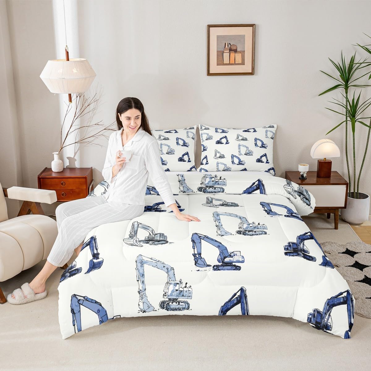 Feelyou Construction Bedding Set Kids Equipment Trucks Comforter Set Construction Vehicles Comforter for Room Decor White Blue Duvet Set with 2 Pillow Cases