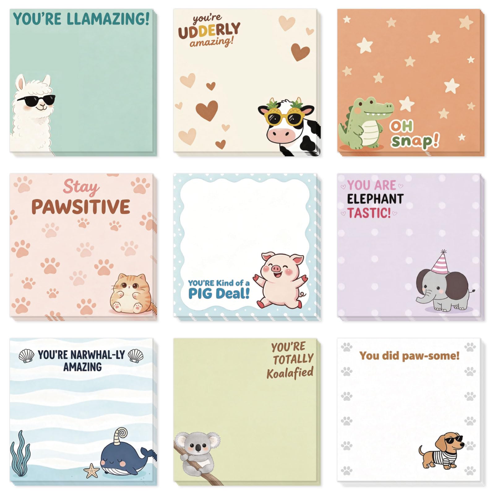 GLOBLELAND 9 Pads 540 Sheets Funny Animal Puns Sticky Notes Set 3x3 inch Cow Cat Self-Adhesive Memo Pads Humor Text to Do List Sticky Notes for Journaling Meeting Office Fun Planners Craft Lovers