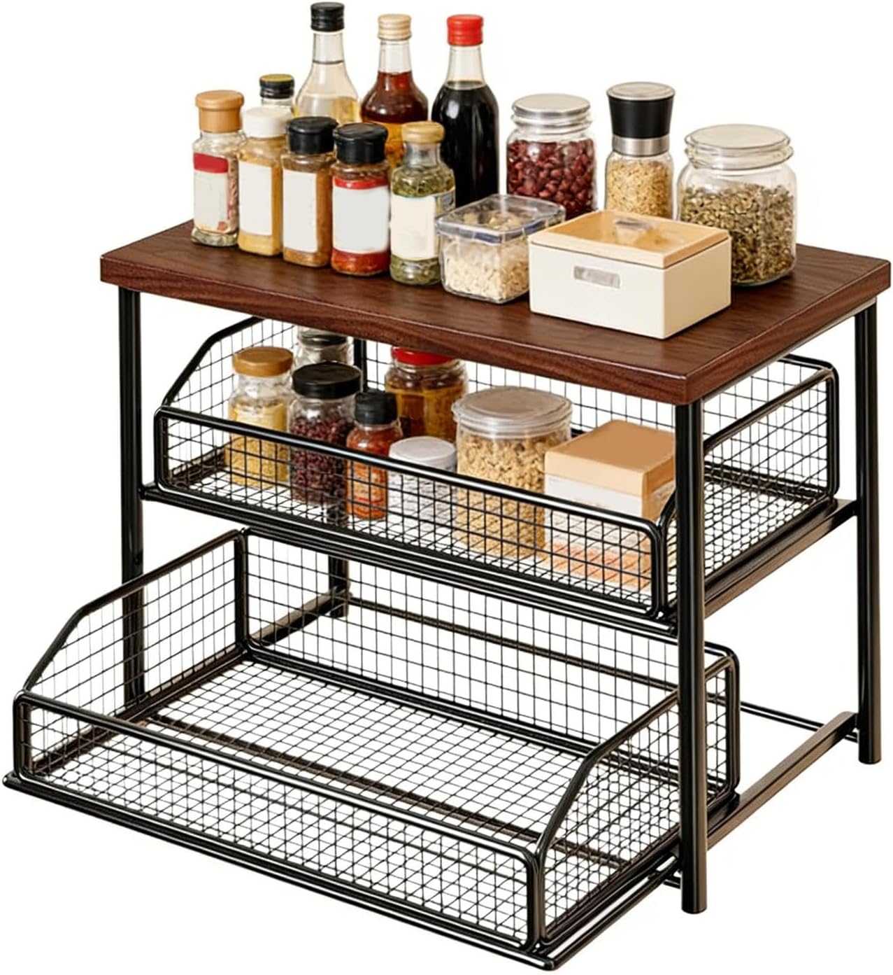 Countertop Basket Rack, Kitchen Storage Shelf, Coffee Bar Rack with Sliding Drawers, Counter Organizer with Multi Tier Design, Storage Racks, Basket Drawer Shelf for Kitchen Bathroom Bedroom