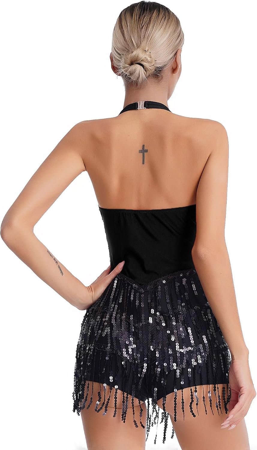 MSemis Womens Latin Jazz Salsa Dance Bodysuit Leotards Party Costume | Shiny Sequins, Fringe Tassel, Sleeveless Halter Backless Jumpsuit, Performance Dancewear