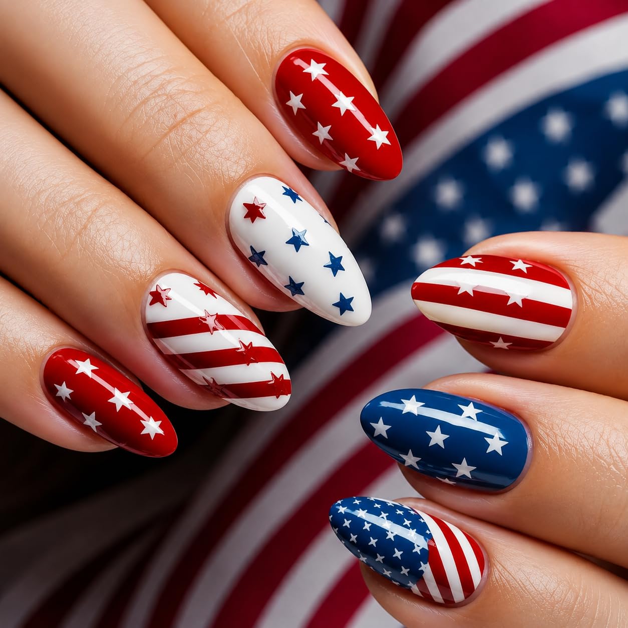 4th of July Press on Nails Medium Almond Fake Nails Patriotic False Nails with Stripes Stars Flag Designs Full Cover Glossy Glue on Nail Acrylic Nails for Women Girls 24Pcs