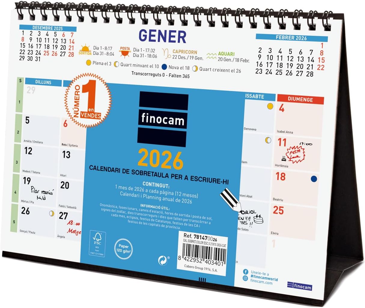 Finocam - Desk Calendar 2026 Month to View January - December 2026 (12 Months) Calendar 2026 Monthly Planner Colour Catalan