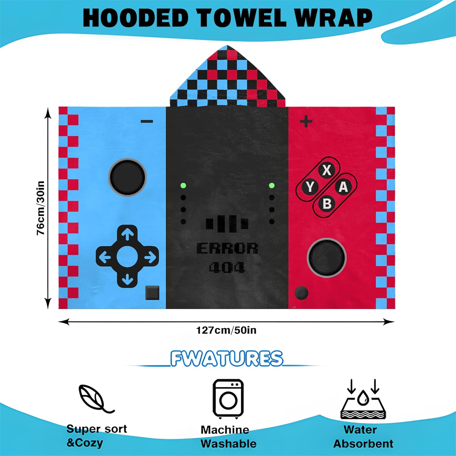 Hooded Towels for Kids -Toddler Beach Towel- Super Absorbent & Quick Dry 100% Cotton 30x50 Inch - to Kid Ages 3-10-Video Game/Gaming Pattern Design - Image 7
