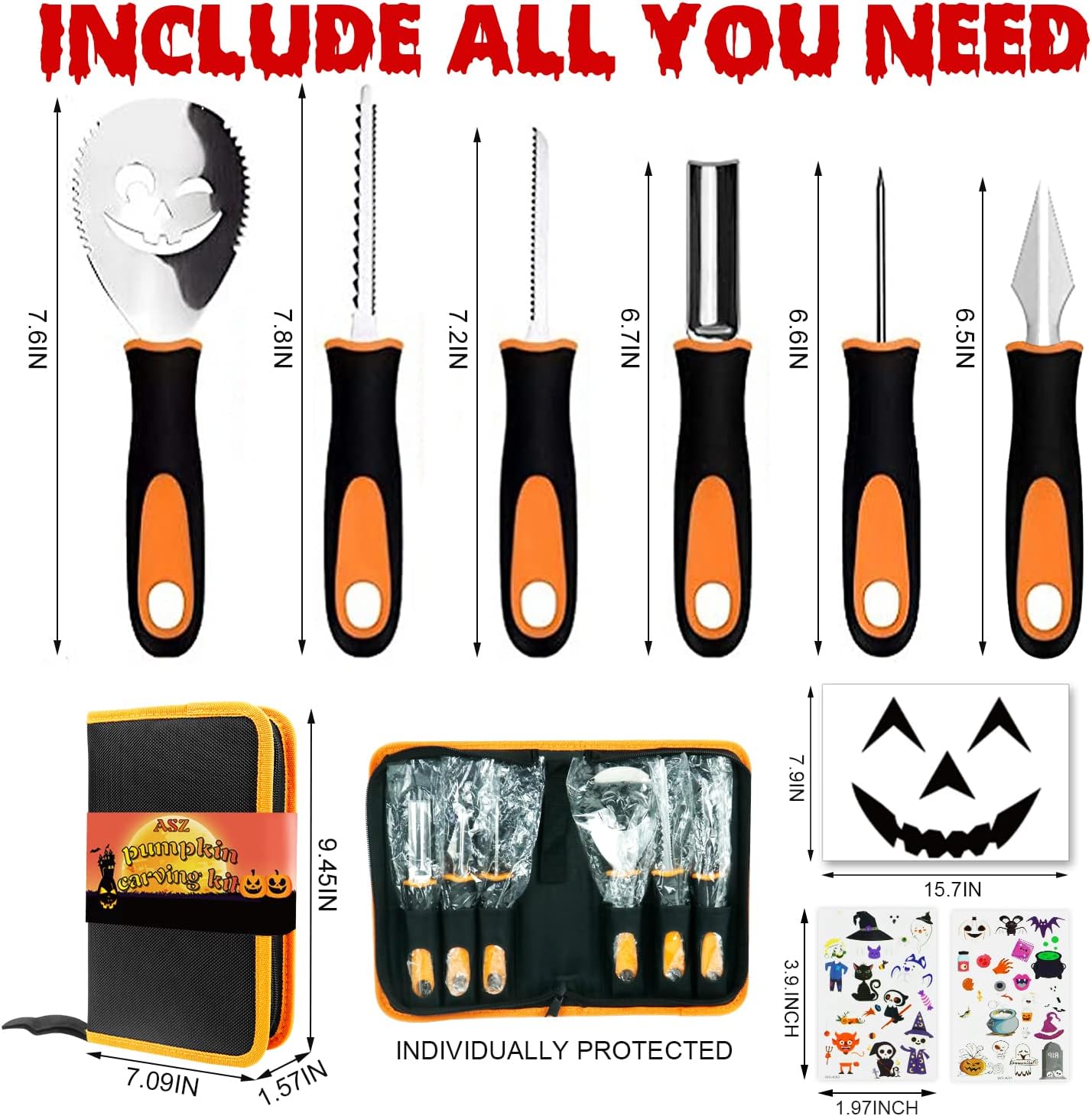 Pumpkin Carving Kit, Pumpkin Carving Tools Kit Knife for Adults with 10 Stencils Patterns + Halloween Tatoos, Professional Heavy Duty Pumpkin Carving Set for Family Party Decorations