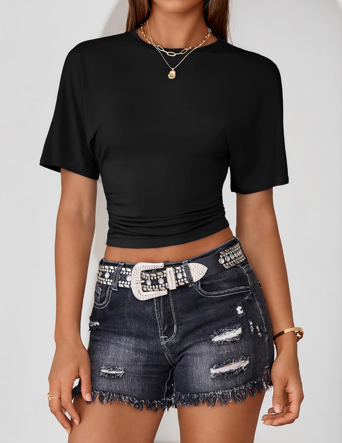 ZESICA Women's Short Sleeve Crop Tops 2026 Summer Ruched Slim Fitted Basic Tee Going Out T Shirts - Image 5