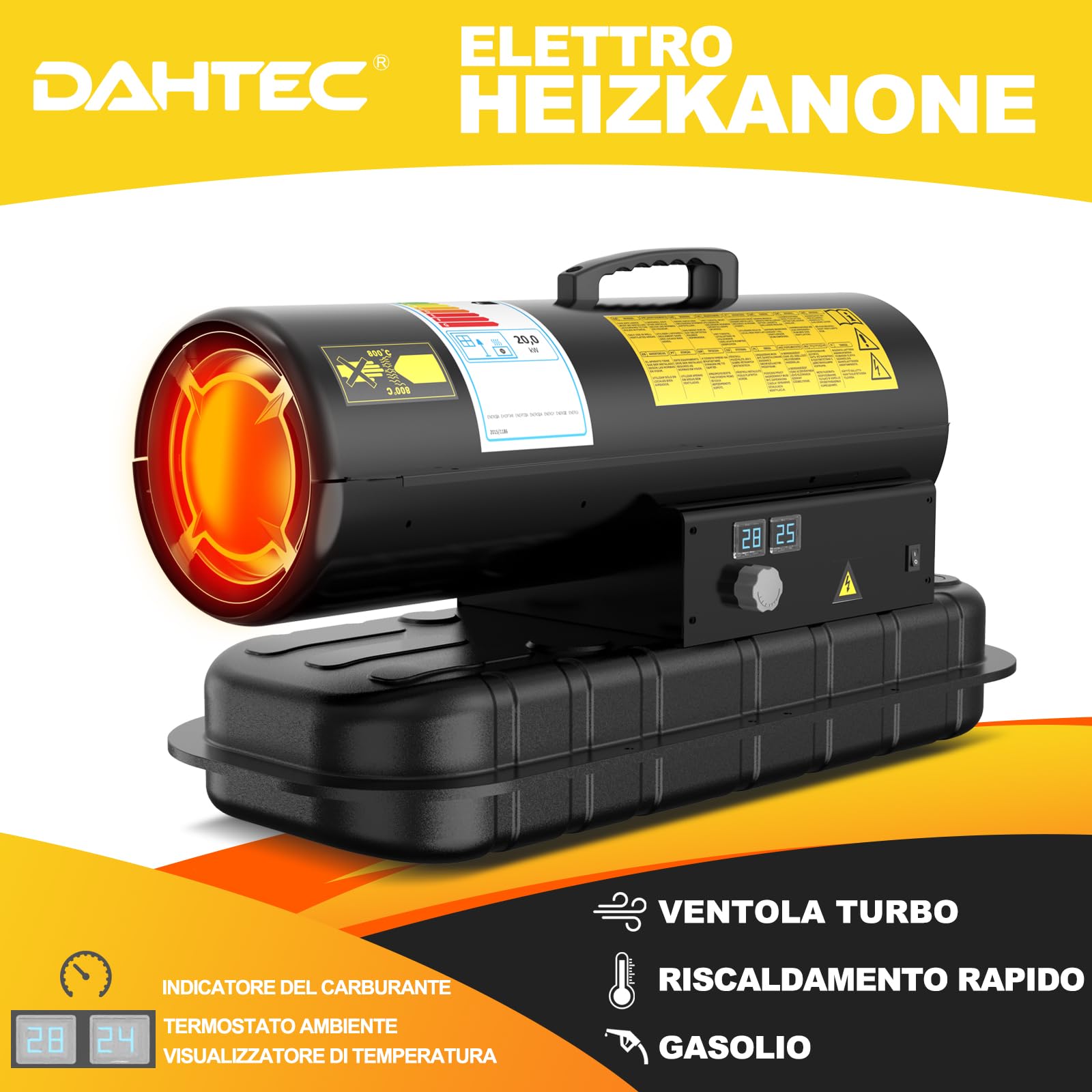 Riscaldatore Diesel 20 kW - Termoventilatore Industriale | Portata 550 m³/h - Termostato Regolabile & Indicatore Livello Gasolio - Per Officine, Cantieri, Uso Agricolo