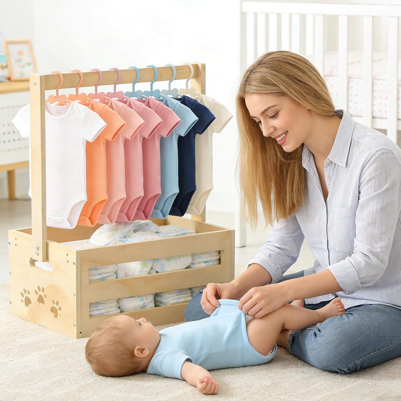 Cadeau de fête prénatale avec poignée, panier de rangement pour bébé avec 8 cintres, panier cadeau en bois, panier cadeau pour nouveau-né, pour les femmes enceintes, les nouveaux parents, idéal pour