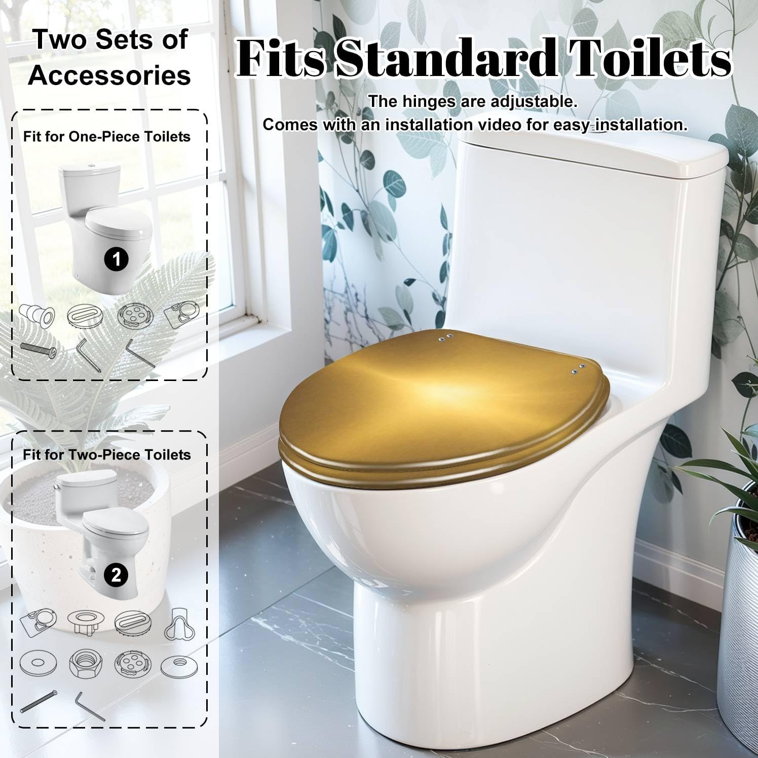 Elongated Toilet Seat Shiny brushed gold color metal Resin Toilet Seat Quietly Slow Close with Quick-Release Hinges Toilet Seat with Cover Easy to Clean Install