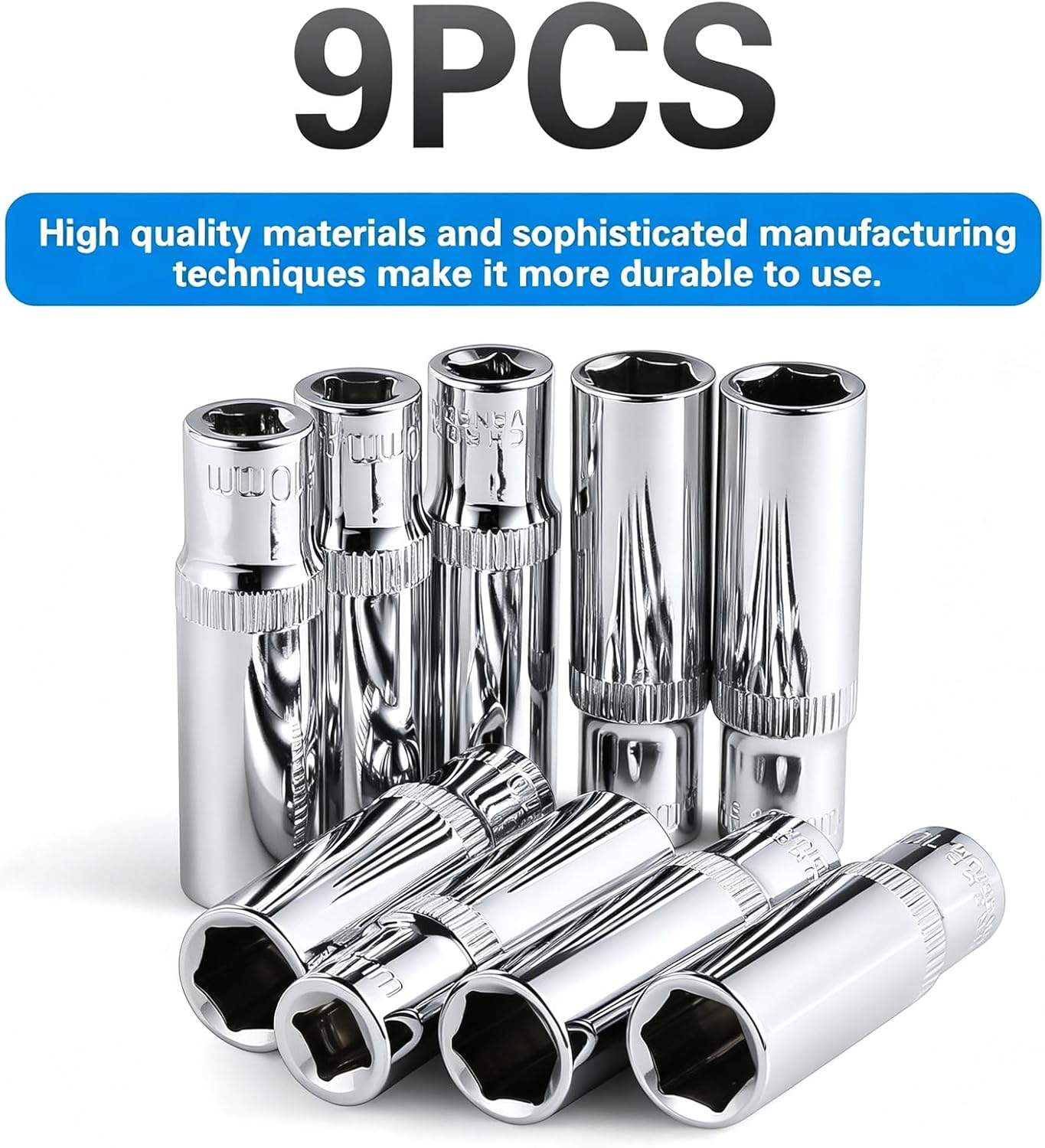 9-Piece 10mm Deep Sockets, 1/4-Inch Drive, 6-Point, Corrosion Resistance, Compatible with Standard Ratchet Wrenches and Tools