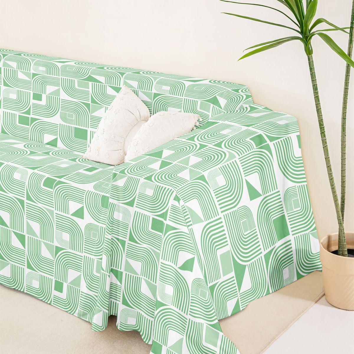 Homewish Pokrowiec na kanapę dla zwierząt domowych, nowoczesne pokrowce na kanapę z motywem linii, na 2 poduszki, na sofę, zielone paski, narzuta na sofę, boho, wirujące linie, narzuta na kanapę, dla