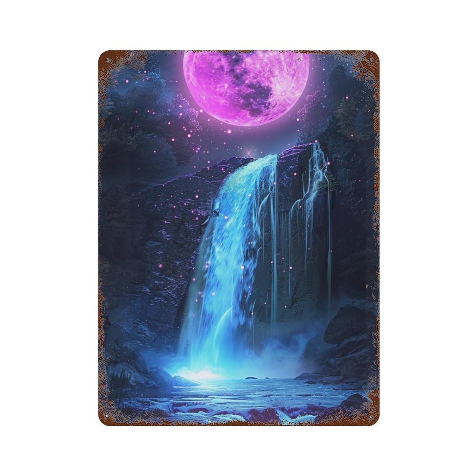Moonlit Waterfall Fantasy Aged Metal Wall Plaque 15.7"x11.8", for Basement, Hobby Room And Garage Decor, Rustic Home Decor