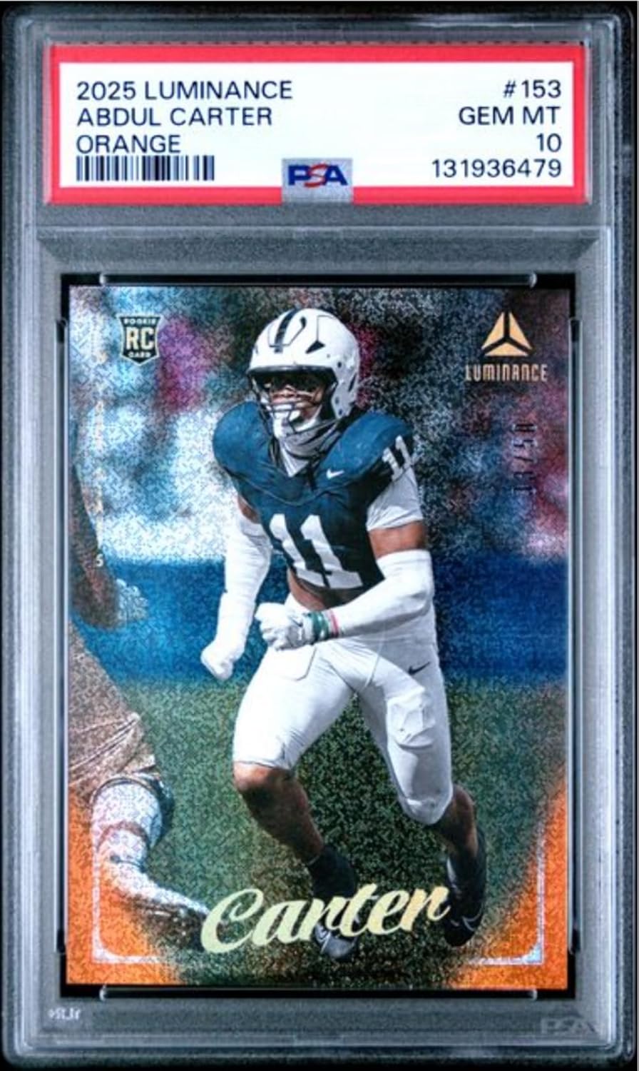 Graded 2025 Panini Luminance Abdul Carter #153 Orange /50 Rookie RC Football Card PSA 10 Gem Mint