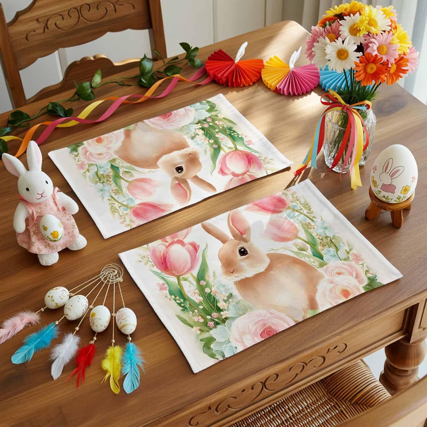 Easter Placemats Set of 8 Pink Rose Bunny Place Mats Spring Tulip Floral Leaves Table Mats for Dining Kitchen Spring Holiday Dinner Party Easter Decorations 13x19 Inch