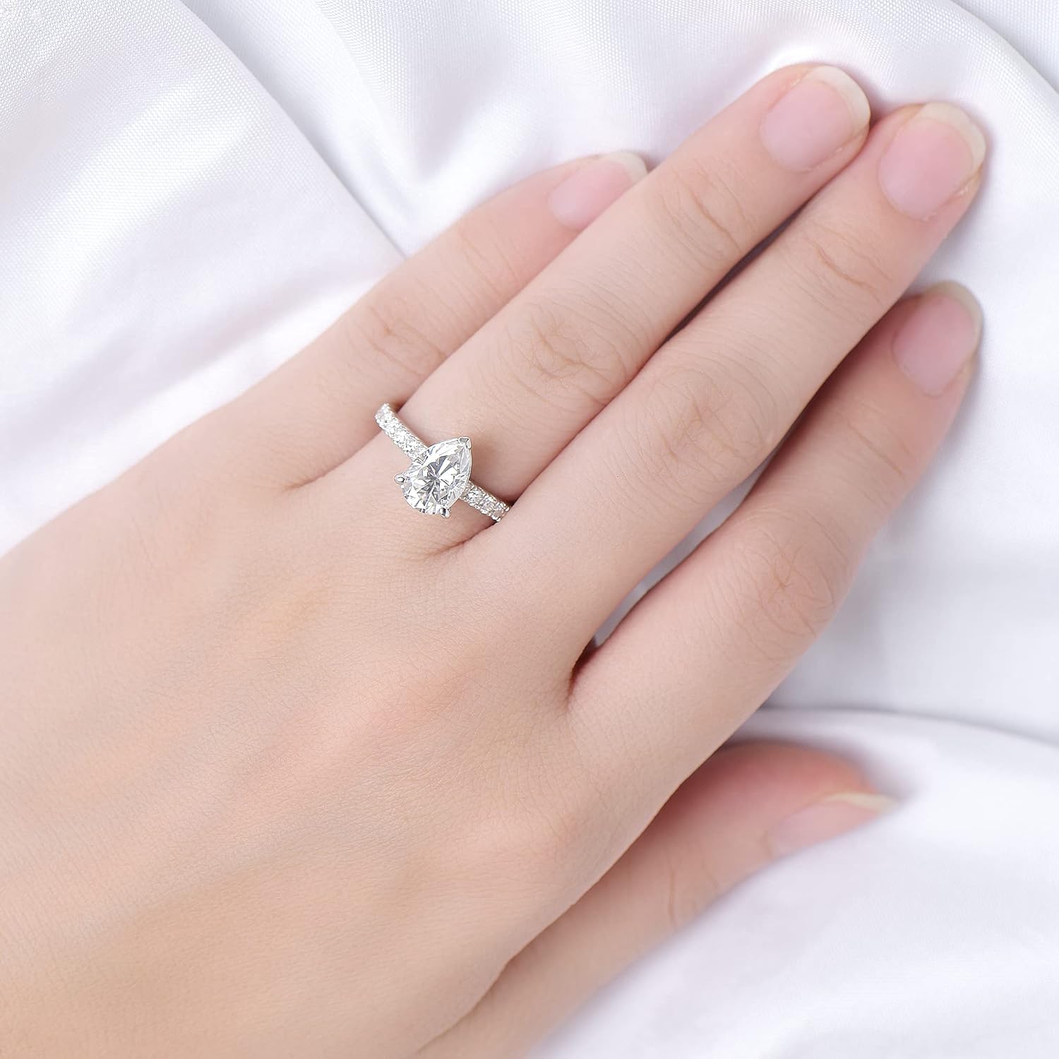 DovEggs Moissanite Engagement Rings for Women 3ct 7x10mm G-H-I Color Pear Cut Moissanite Hidden Halo Wedding Ring Sterling Silver with 18K White Gold Plated