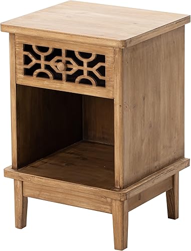 Miniatura 7 de LONYKE Mesita de noche rústica, mesa auxiliar de madera maciza, mesa auxiliar retro de granja con parte delantera tallada a mano y estante abierto,