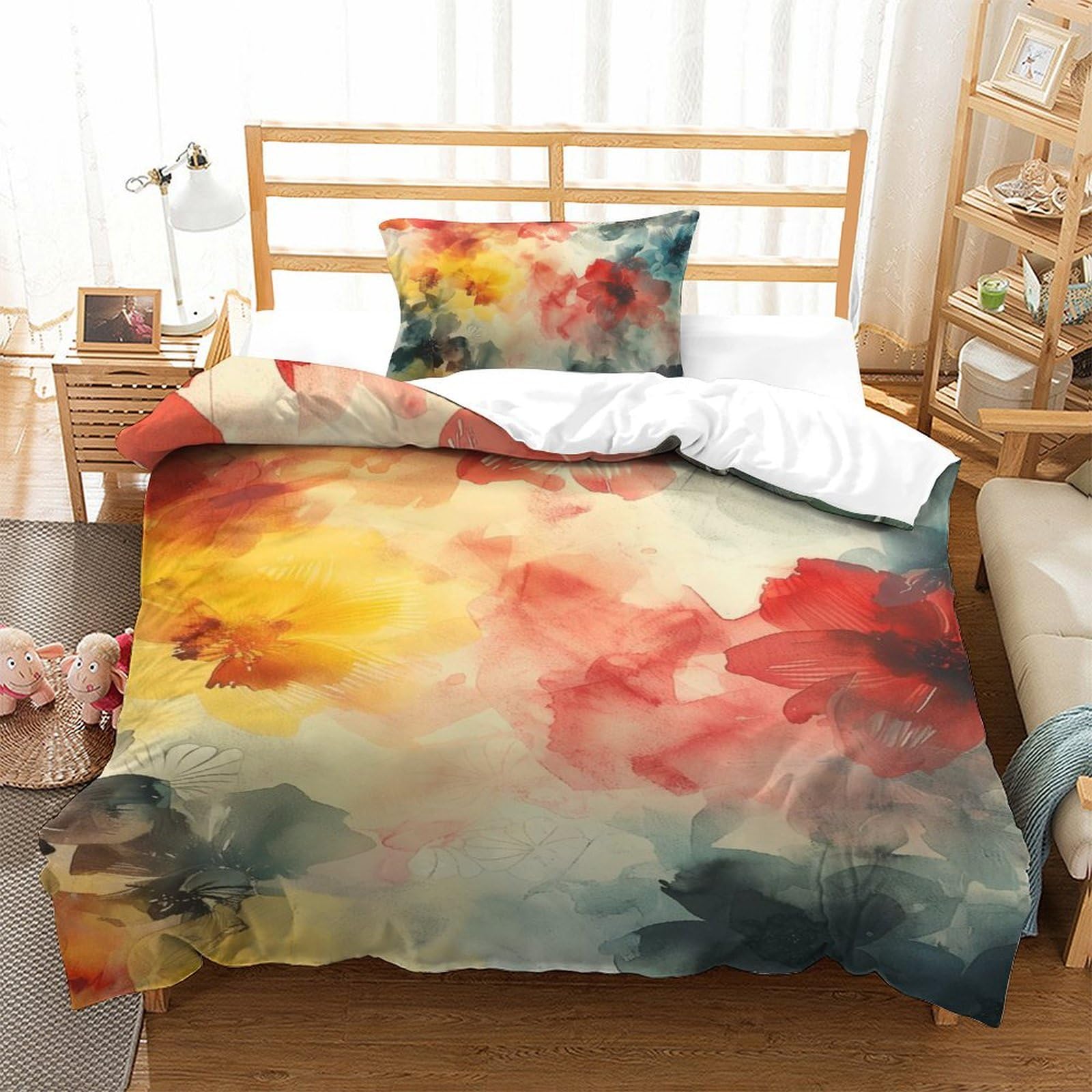 Housse de couette fleurs microfibre anti-plis literie respirante
