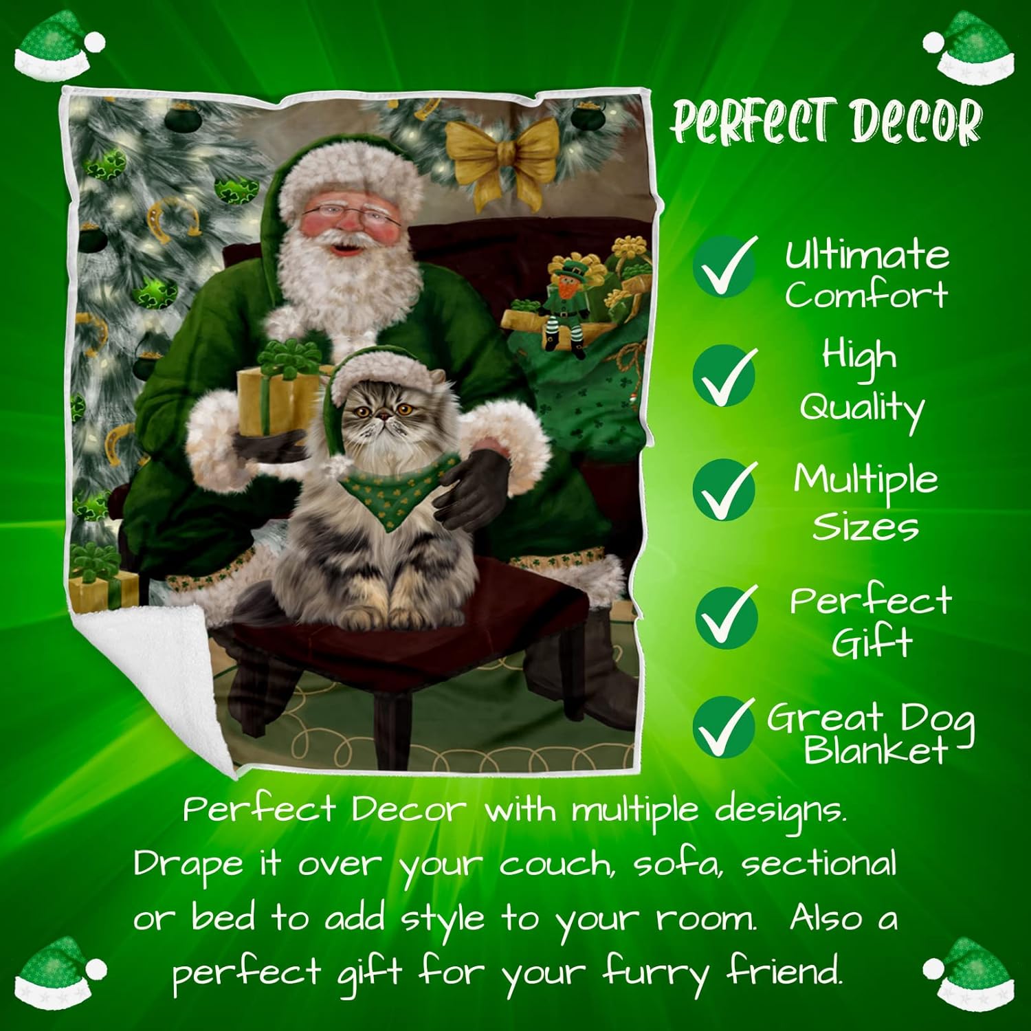 Doggie of the Day Persian Cat Blanket - Christmas Irish Santa with Gift - Super Soft & Warm Pet Theme for Sofa or Bed, Warm Fleece, Sherpa or Woven Material BLNKT141448 (60x80 Fleece)