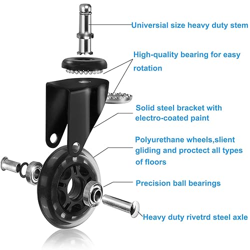 Miniatura 7 de Ruedas giratorias para silla de oficina, ruedas dobles de 2 pulgadas, juego de 5 ruedas giratorias de goma silenciosa de repuesto resistentes para
