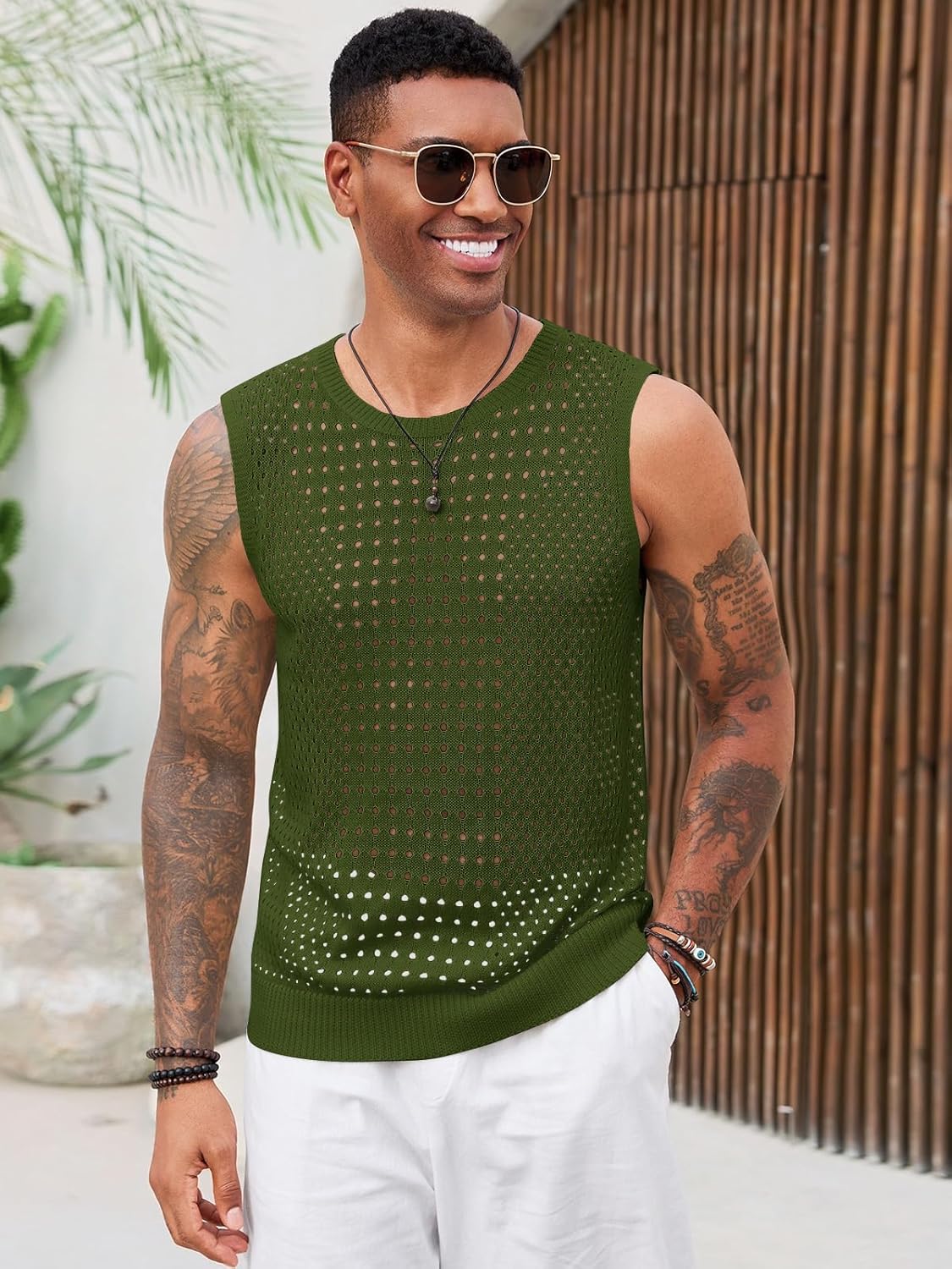 Runcati Mens Knit Sleeveless Tank Tops Casual Hollow Out T Shirts Beach Summer See Through Tops - Image 2