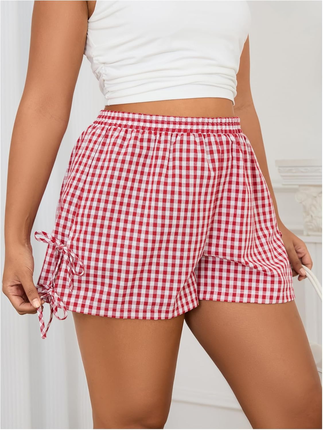 Verdusa Women's Gingham Plaid Shorts Bow Tie Split Elastic Waist Y2k Wide Leg Shorts Summer Vacation Outfits Picnic Clothes - Image 4