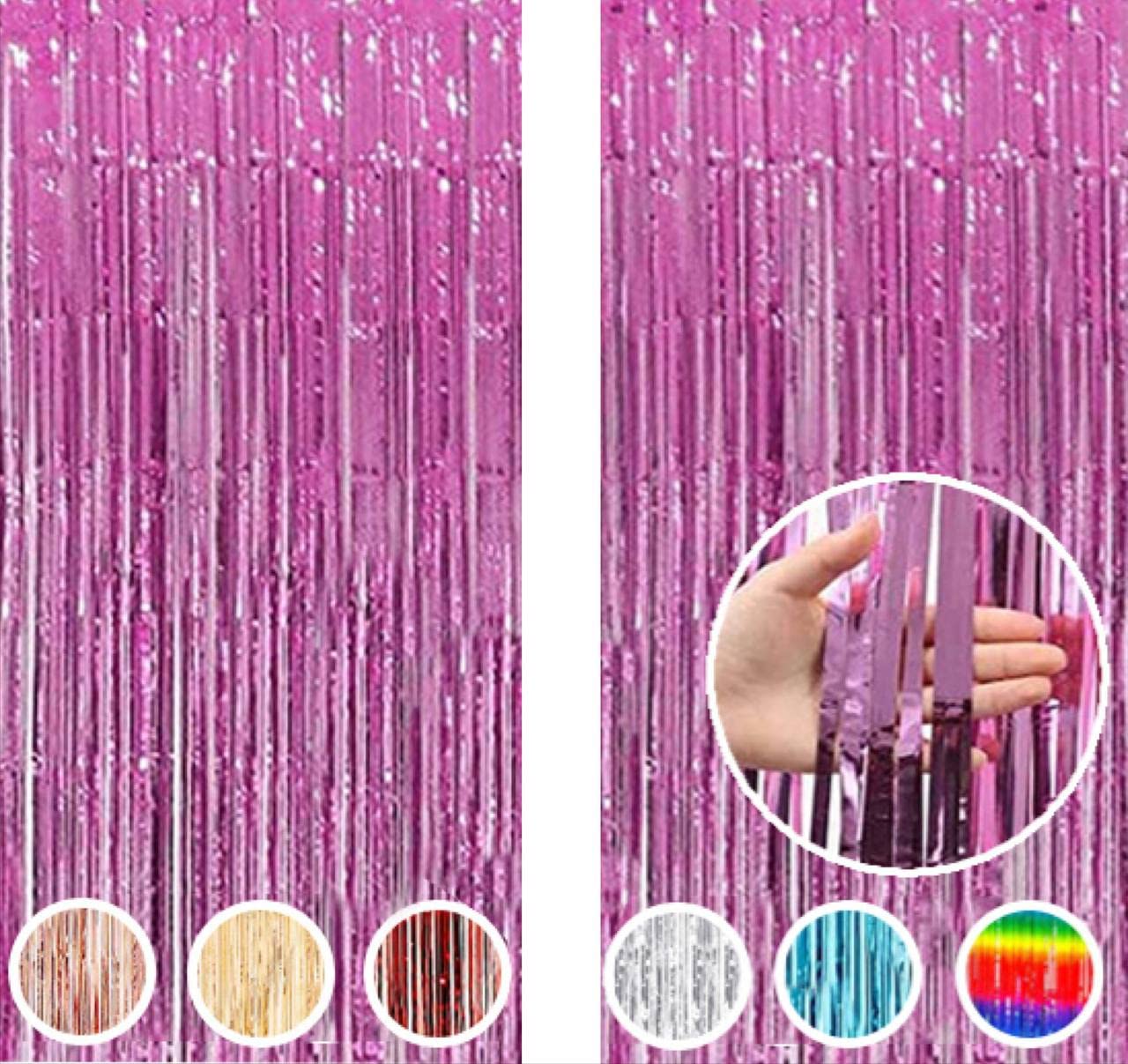 MARKQ Pink Foil Fringe Curtain | 1 x 2-meter Metallic Tinsel Streamers Party Backdrop for Halloween, Baby Shower, Wedding, Eid, Graduation, Birthday Party Decorations [Pack of 2]