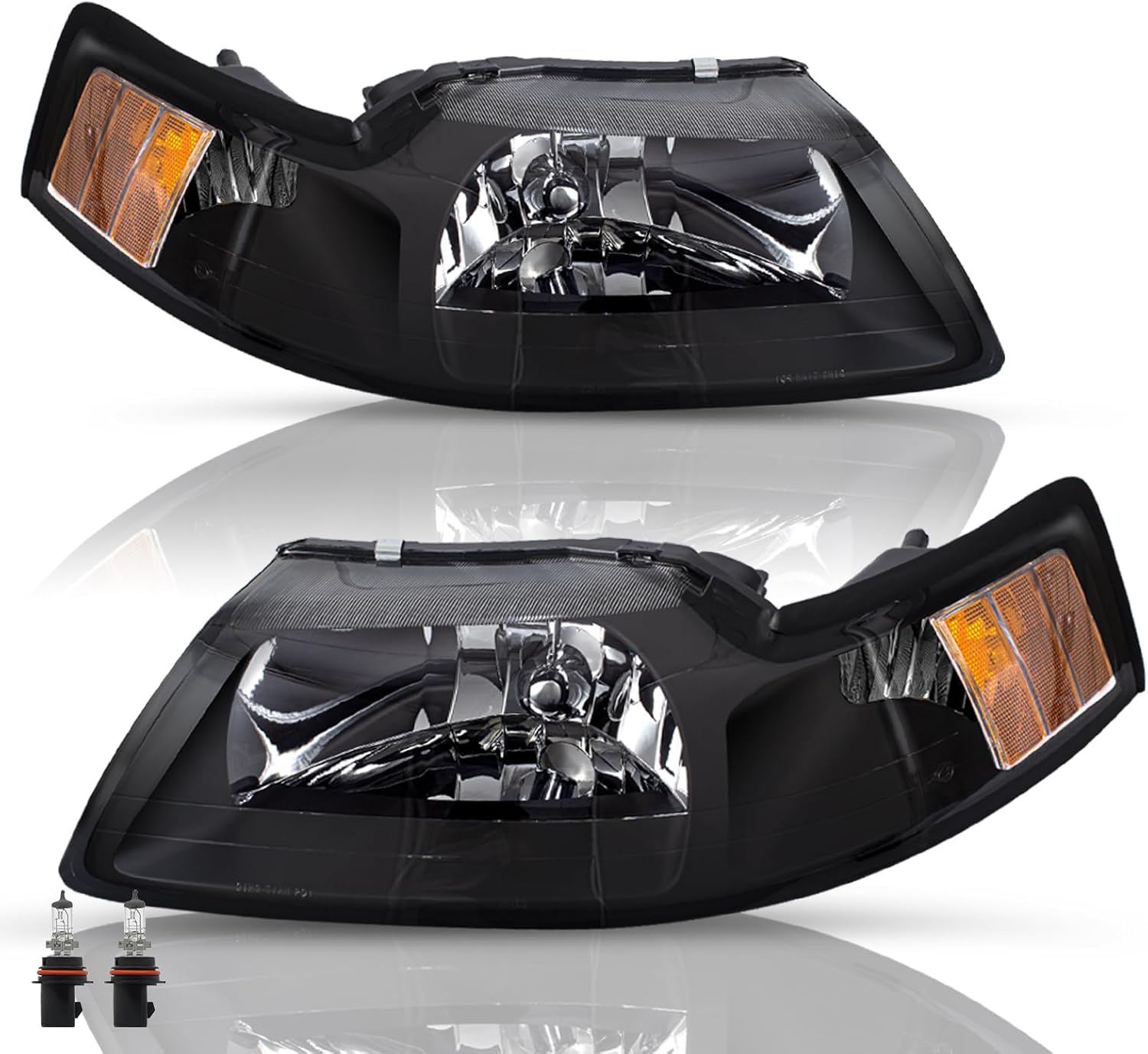 Halogen Headlight Assembly Set w/Bulbs Fit for 2010-2014 Ford Mustang OE Style Headlamp (NOT Fit for HID/Xenon), Black Housing with Clear Reflector