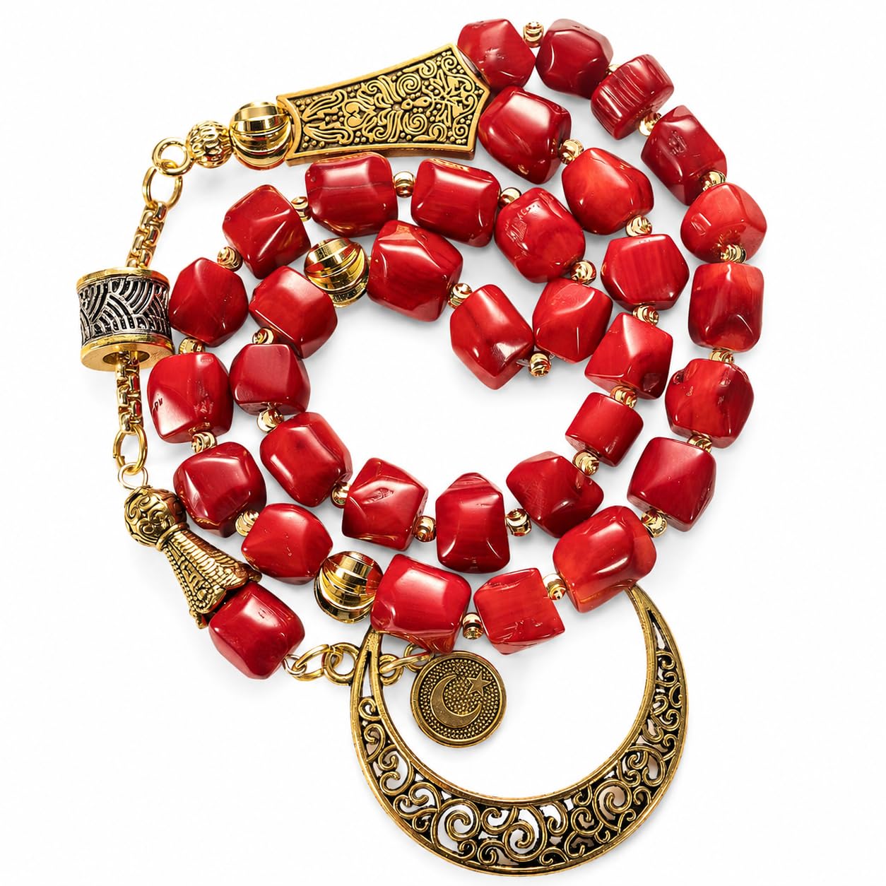 33 Perlen Rote Tasbih für Männer, Misbaha im Korallen-Look mit Zertifikat & Geschenkbox, Islamische Gebetskette mit goldfarbenem Halbmond Anhänger, Geschenk zu Ramadan Eid Geburtstag Vatertag