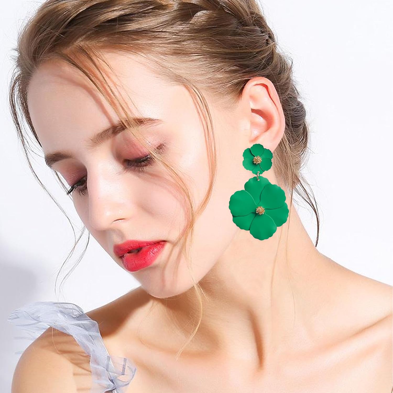 White Summer Flower Floral Dangle Earrings Boho 2 Layered Floral Petal Drop Statement Stud Earring for Women Jewelry - Image 3