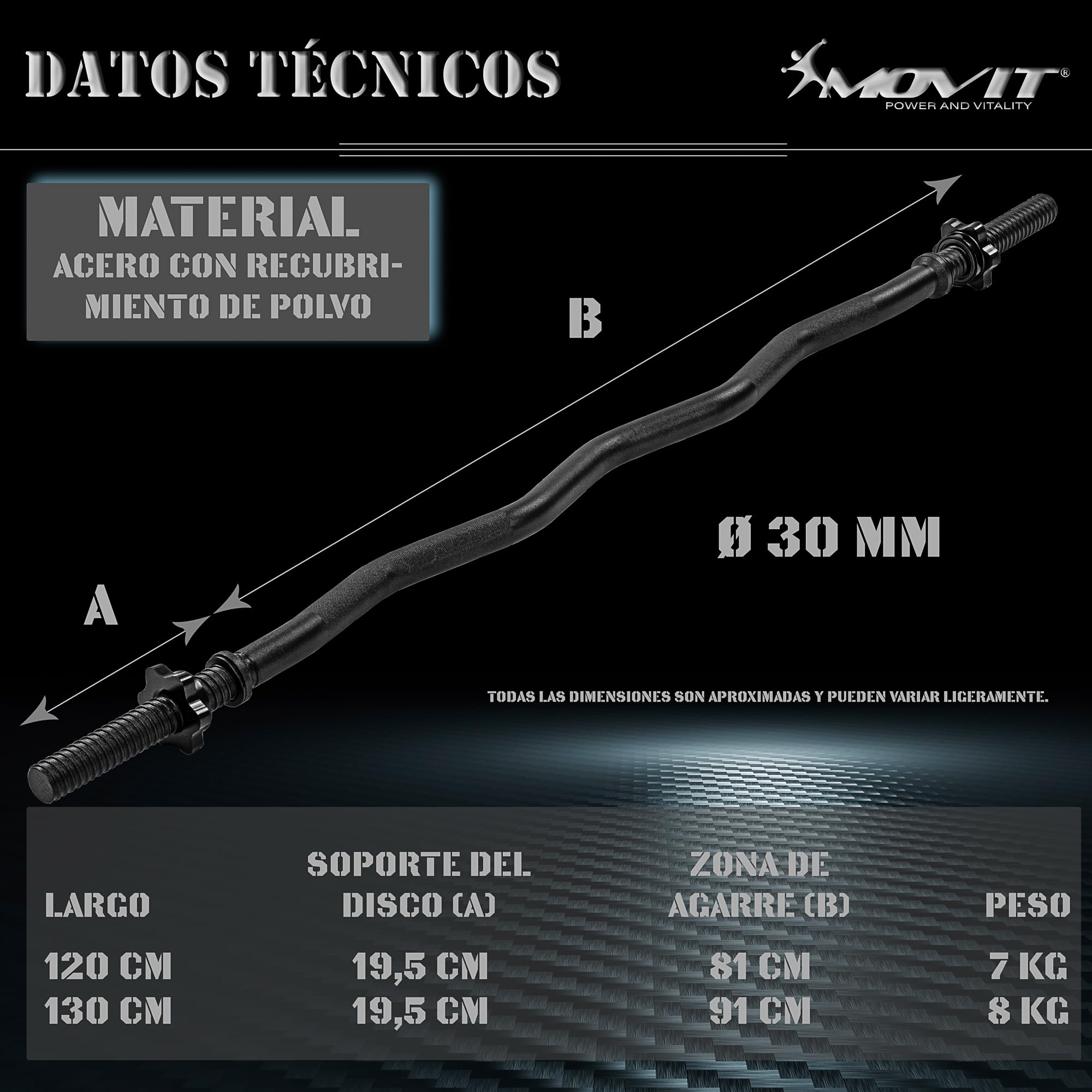 MOVIT barra de curl profesional SZ, 30mm ESTÁNDAR, a elegir: 120cm (7kg) o 130cm (8kg), cromada o negra, bloqueo de estrella o bloqueo de muelle