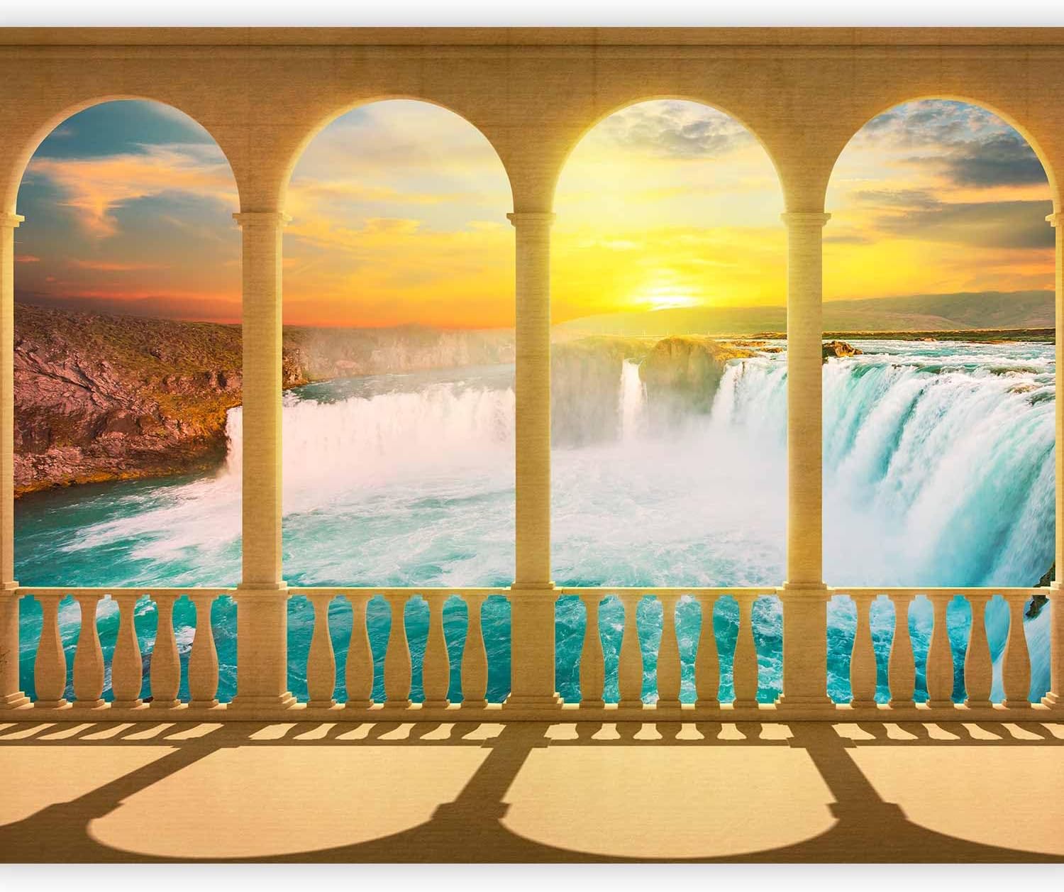 artgeist Wall Mural Window View 116x91 in - Peel and Stick Self-Adhesive Wallpaper Removable Large Sticker Foil Wall Decor Print Picture Image Design Waterfall Sunset Landscape 10040904-80