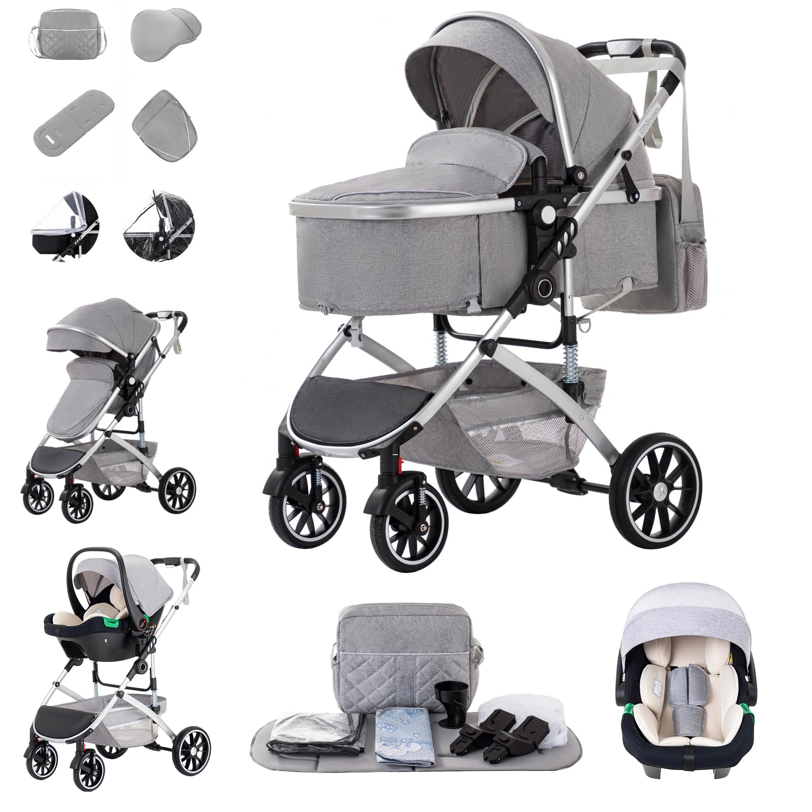 Zkiprm 3-in-1 Combo City Kinderwagen, Baby Wagen mit Autositz, Faltbarer Kinder wagen | Rahmen aus hochwertigem Eisen | Komplett ausgestattet | Geeignet für 0 bis 4 Jahre