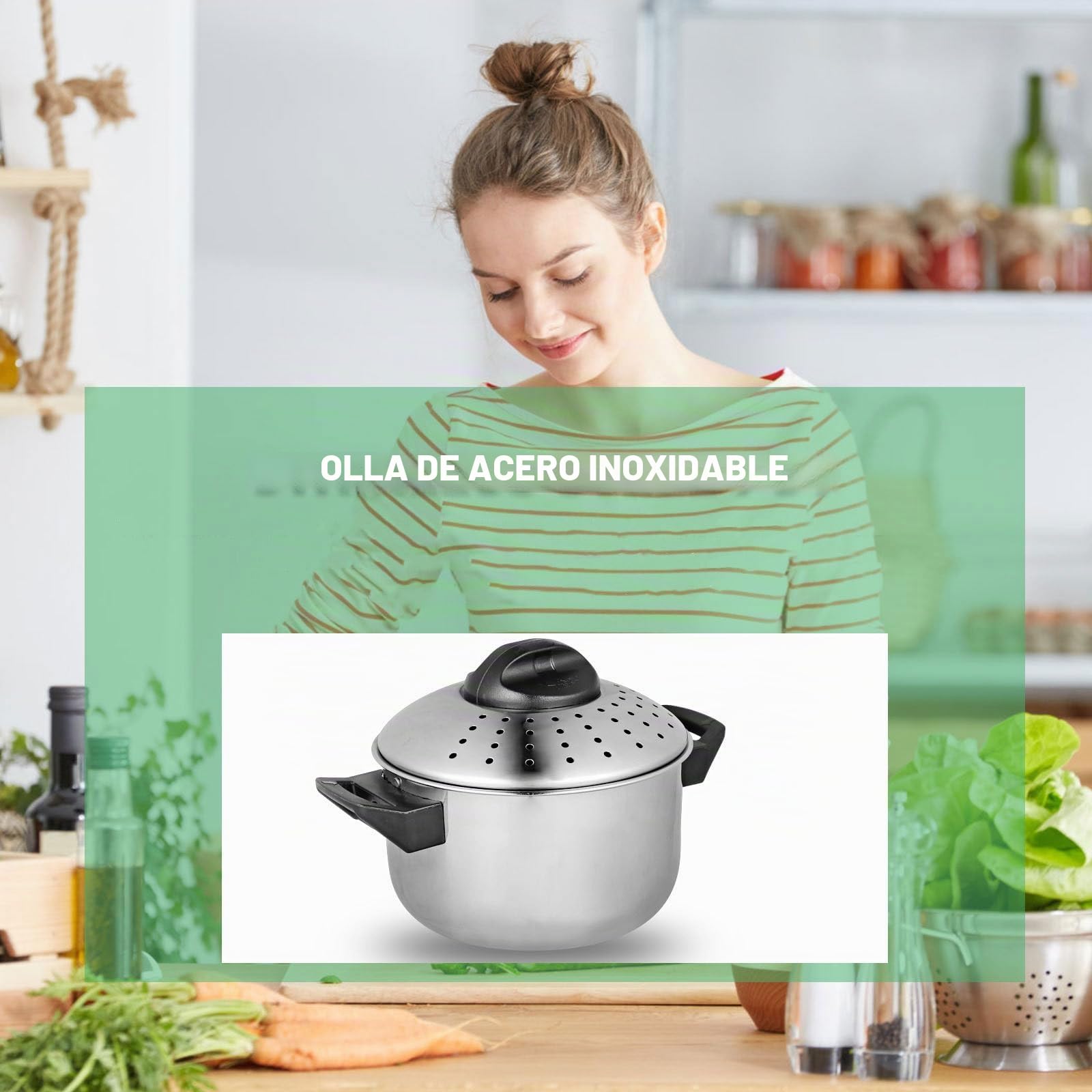 Kichvoe Olla de Acero Inoxidable para Pasta Diseño de Cierre Rápido, Resistente al Óxido y Práctica para Cocer Fideos Tapa y Escurridor Integrado