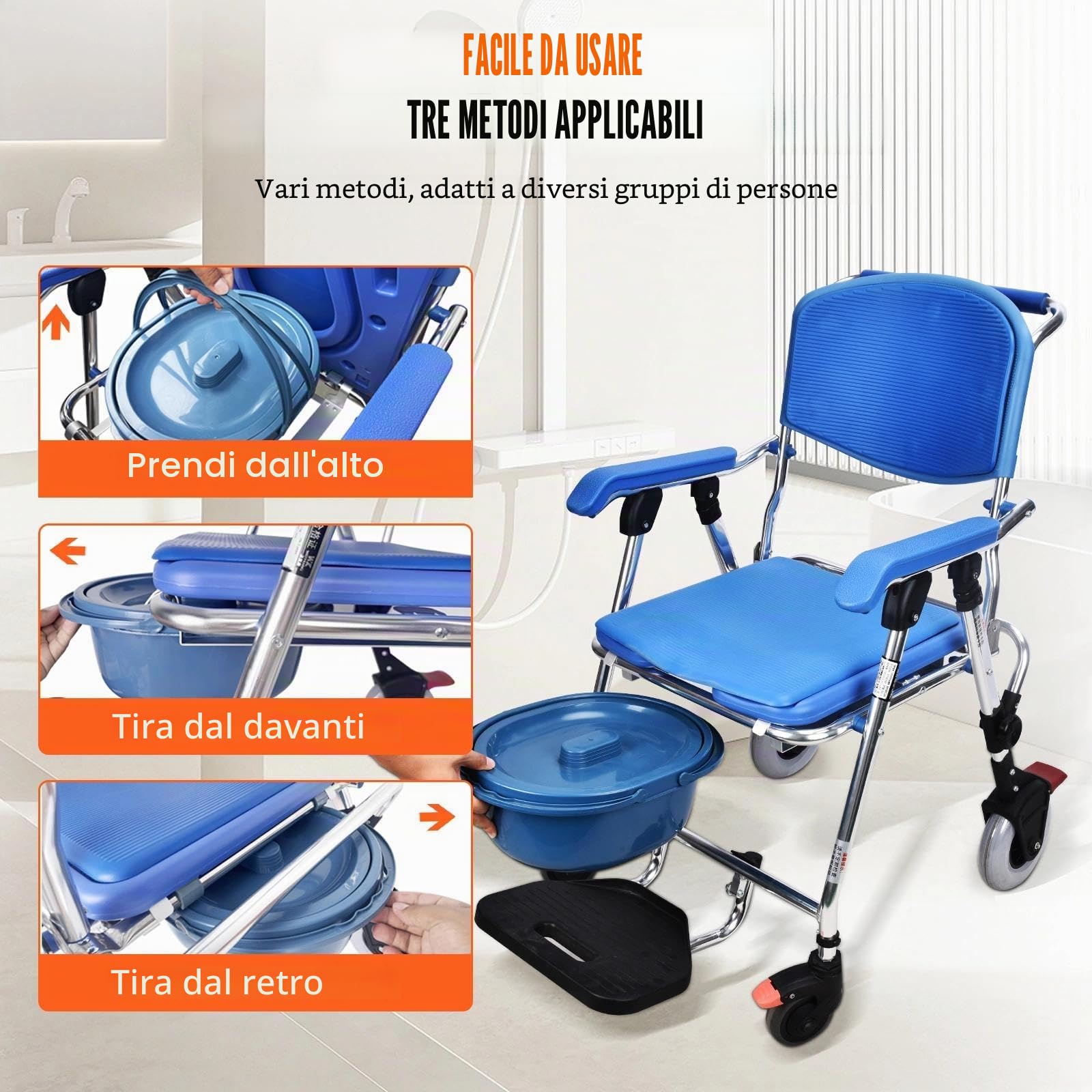 Sedia Comoda WC per Anziani con Rotelle, Capacità di Carico:150kg | Sedia Doccia Disabili con Ruote Pieghevole, Sedia a Rotelle Doccia con Seduta e Schienale Comodi, Quattro Ruote con Freni