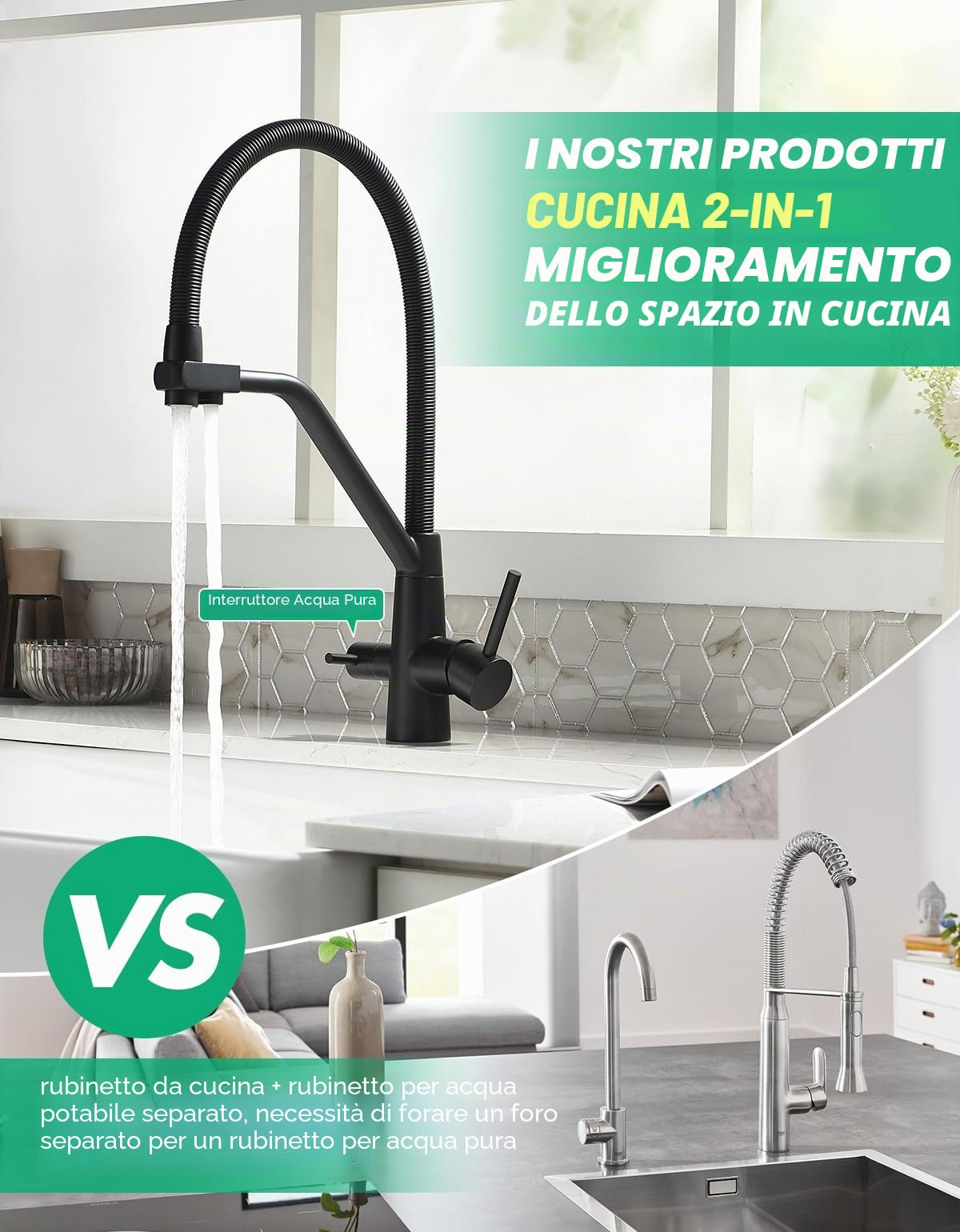 TIMACO - Rubinetto da cucina nero a 3 vie, girevole a 360°, con rubinetto 3 in 1 per filtro dell'acqua, con molla a spirale, con doppia leva, ad alta pressione