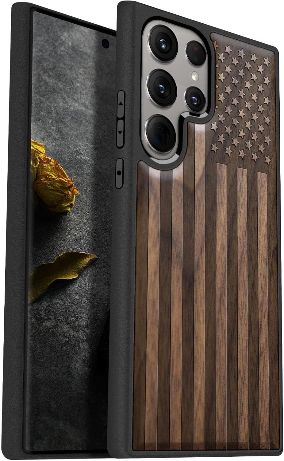 Carveit Wood Case for Galaxy S24 Ultra Case [Natural Wood & Black Soft TPU] Shockproof Protective Cover Unique Wooden Design Compatible with Samsung S24 Ultra (American Flag-Walnut)