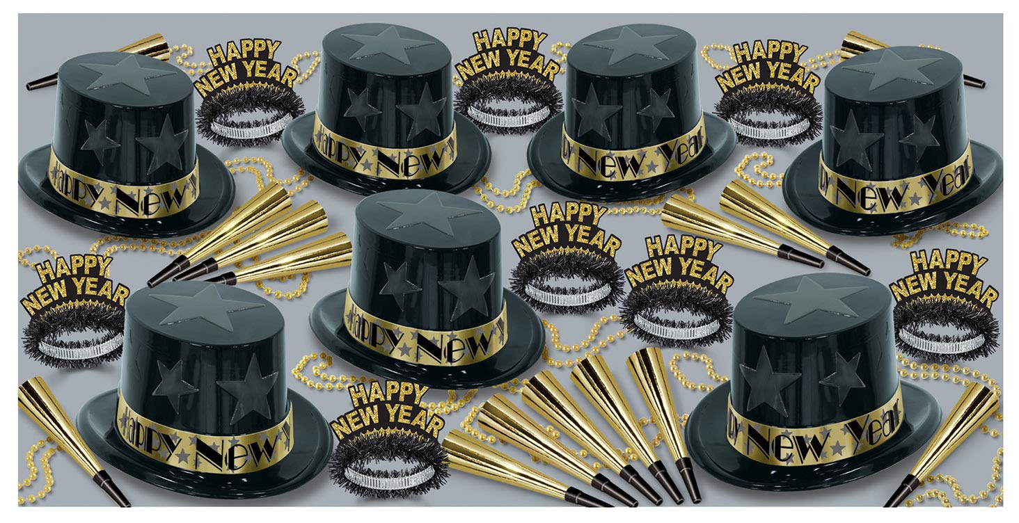 Beistle Black and Gold Star Assortment For 50 People New Year’s Eve Party Supplies Photo Booth Props – Hats, Tiaras, Horns, Necklaces, One Size