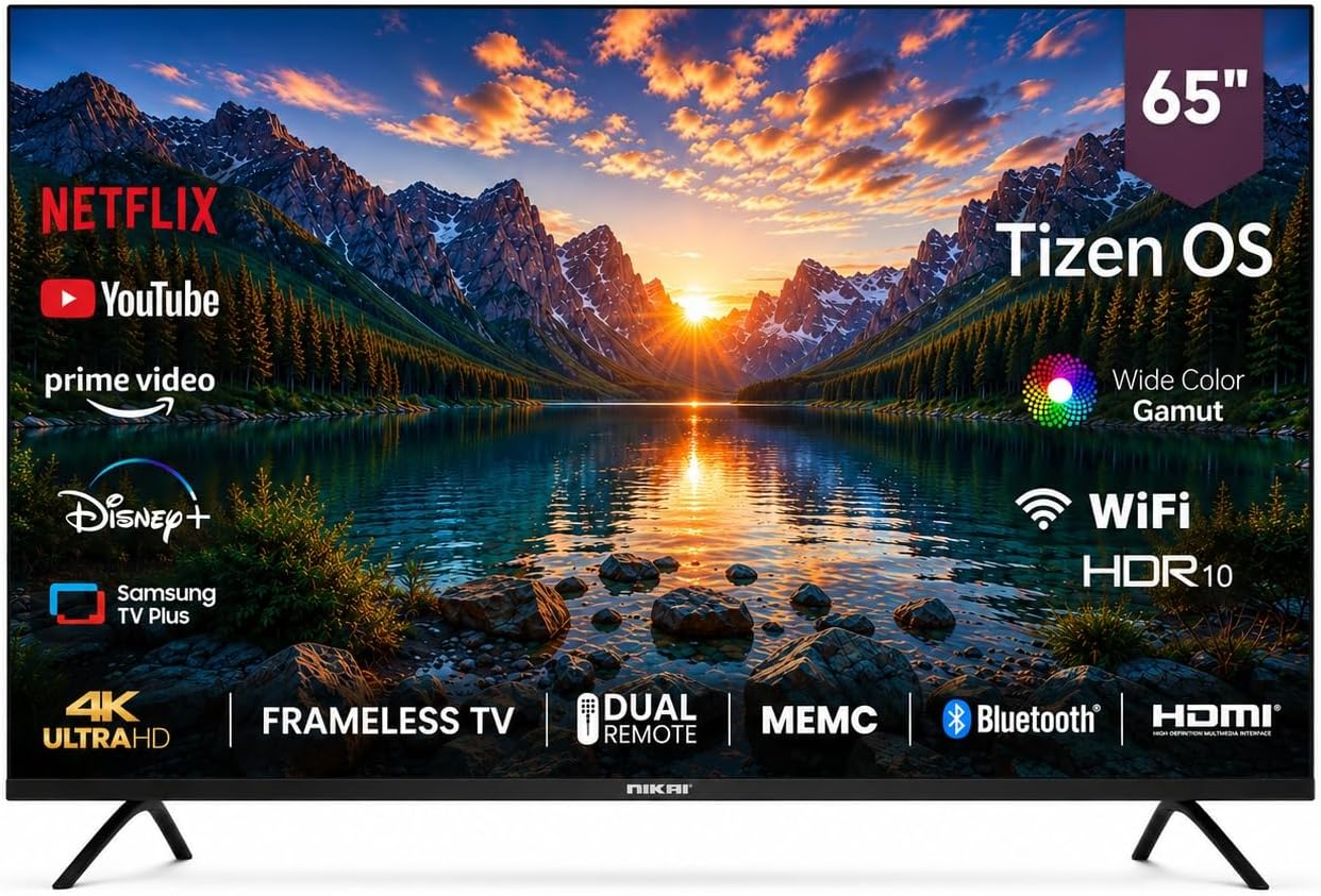 تلفاز ذكي فائق الوضوح 4K 65 بوصة بنظام تشغيل تيزن وموالفات DVBT2/S2 مدمجة وتحكم صوتي وواي فاي وبلوتوث ونتفليكس ويوتيوب وديزني وبرايم وتصميم بدون إطار وجهازين للتحكم عن بعد موديل TZN65NK4KLED من نيكاي - 4K 2026