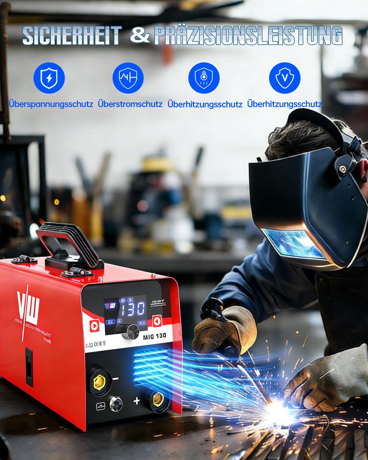VECTOR WELDING Fülldraht Schweißgerät Set 130A, Inverter Schweißmaschine | 3-in-1 IGBT Elektroden Schweißgerät Flux MIG/MMA/Lift WIG mit Digital Display, Anti-Stick, Leicht Tragbar für Autoreparatur