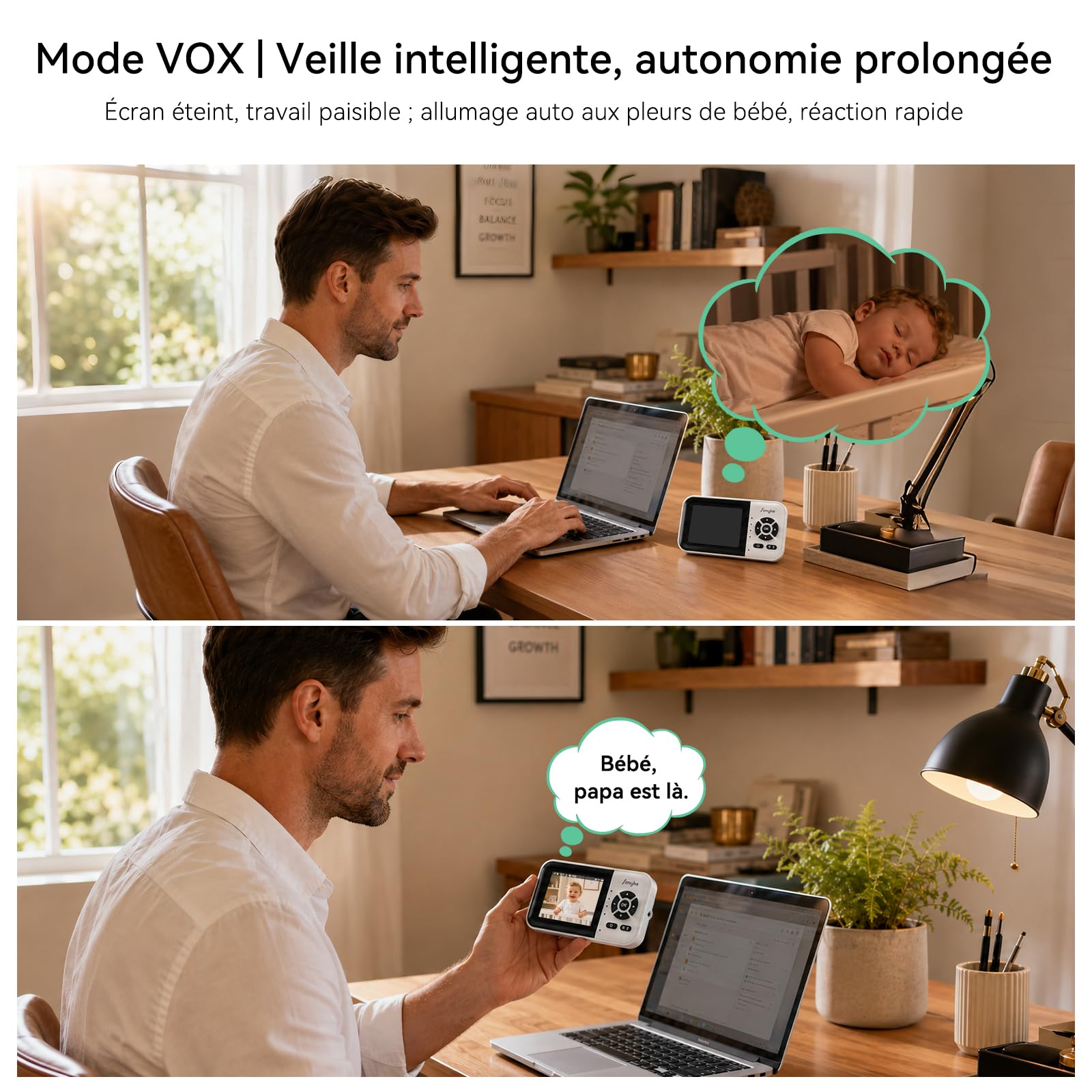 Simyke Babyphone 1080P caméra Double Connexion, écran 2,8" sans WiFi et app Smartphone WiFi 2,4 GHz, Vision Nocturne Nette, Dialogue bidirectionnel, alertes intelligentes, portée 360 m