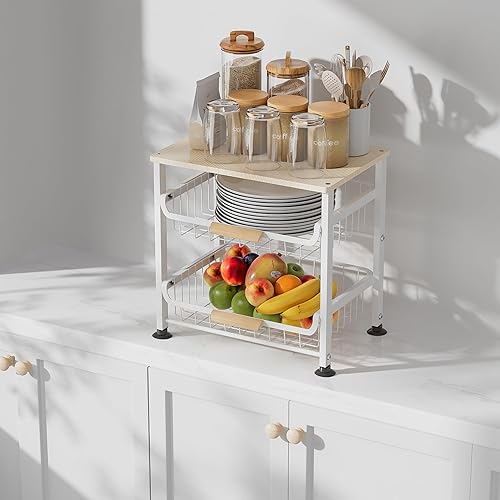 Miniatura 8 de NiuYichee Cesta de frutas y almacenamiento de despensa de cocina, mesa superior de madera, cesta de alambre de metal extraíble para frutas,